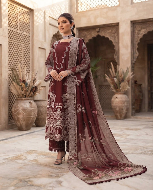 Dhanak Unstitched Embroidered 3pc Suit With Embroidered Dhanak Dupatta | LL-1004