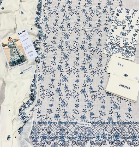 3PC LAWN EMBROIDERED SHIRT WITH BAMBER CHIFFON EMBROIDERED DUPATTA AND LAWN TROUSER-