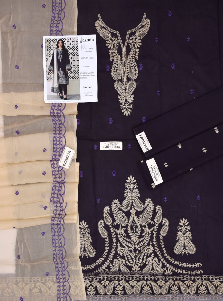 3PC LAWN EMBROIDERED SHIRT WITH BAMBER CHIFFON EMBROIDERED DUPATTA AND LAWN TROUSER-