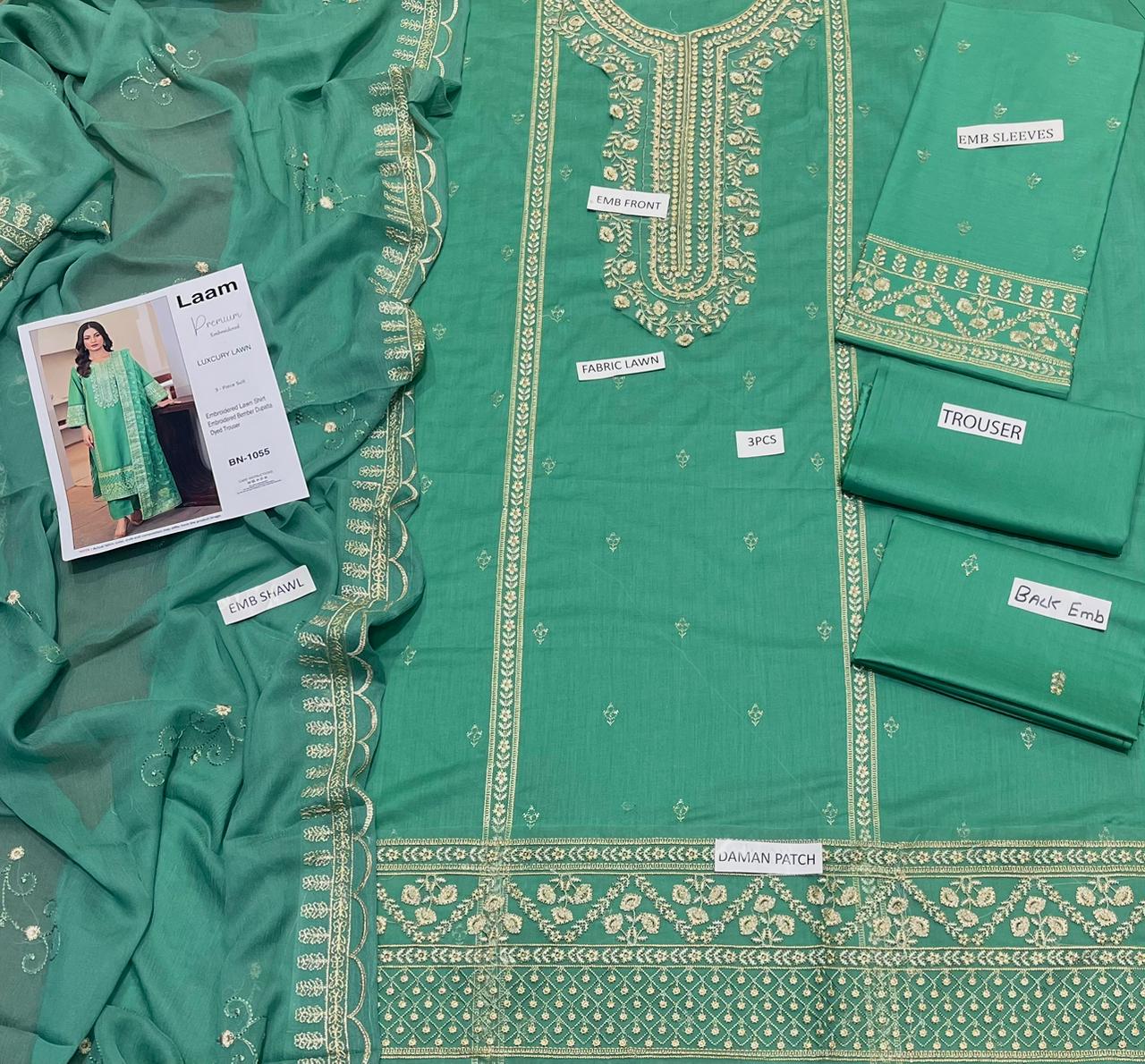 3PC LAWN EMBROIDERED SHIRT WITH BAMBER CHIFFON EMBROIDERED DUPATTA AND LAWN TROUSER-