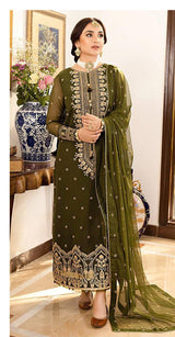 3PC LAWN EMBROIDERED SHIRT WITH BAMBER CHIFFON EMBROIDERED DUPATTA AND LAWN TROUSER-