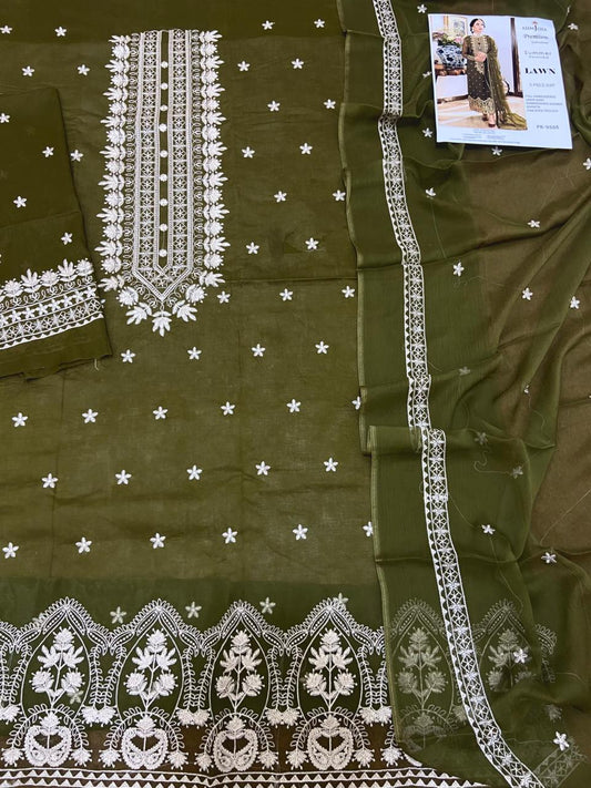 3PC LAWN EMBROIDERED SHIRT WITH BAMBER CHIFFON EMBROIDERED DUPATTA AND LAWN TROUSER-