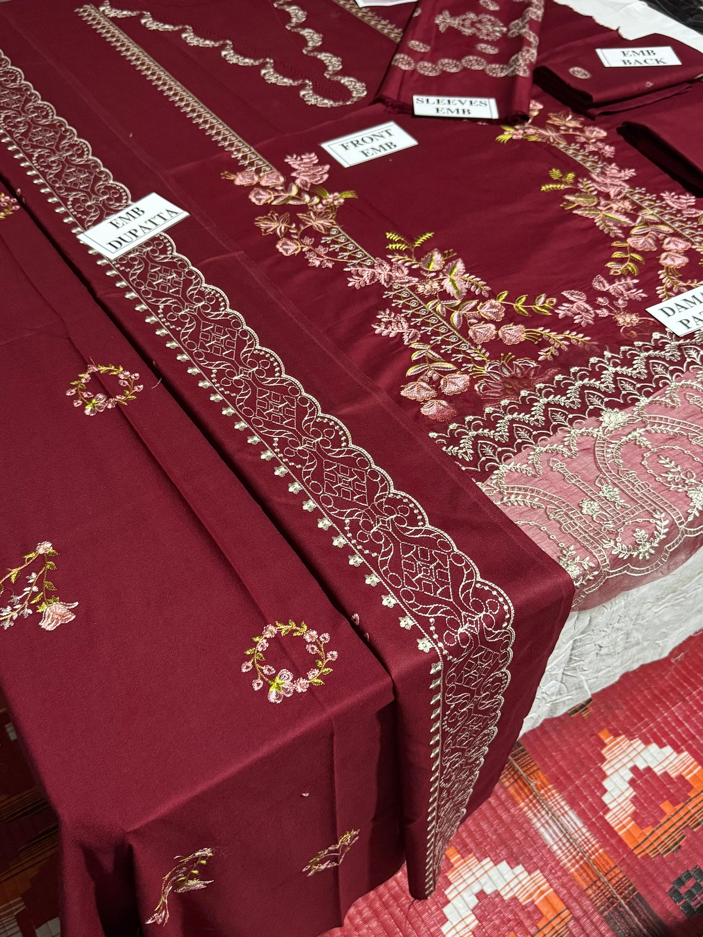 KAHF-3PC DHANAK EMBROIDERED SHIRT WITH DHANAK EMBROIDERED SHAWL AND TROUSER