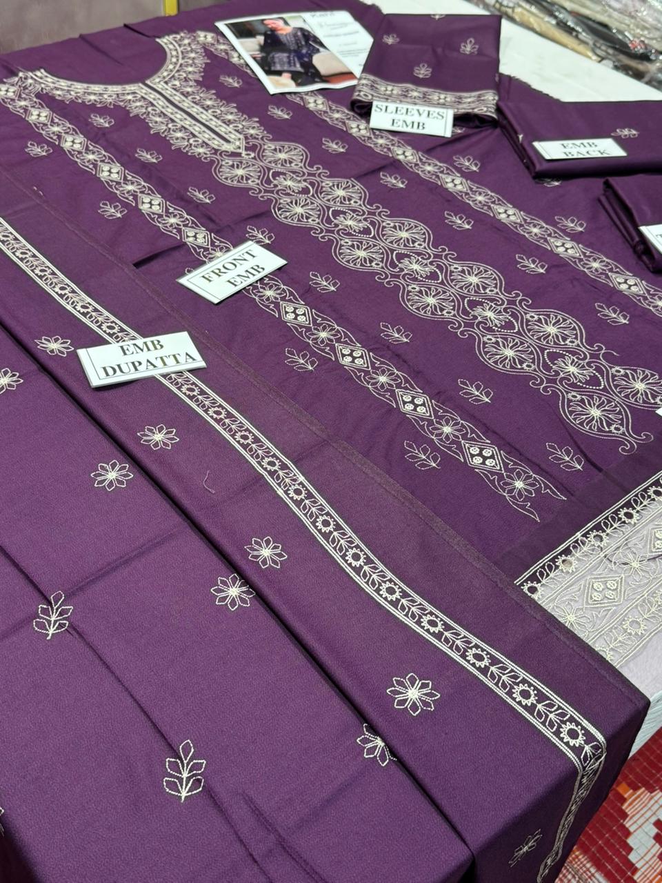 KAHF-3PC DHANAK EMBROIDERED SHIRT WITH DHANAK EMBROIDERED SHAWL AND TROUSER