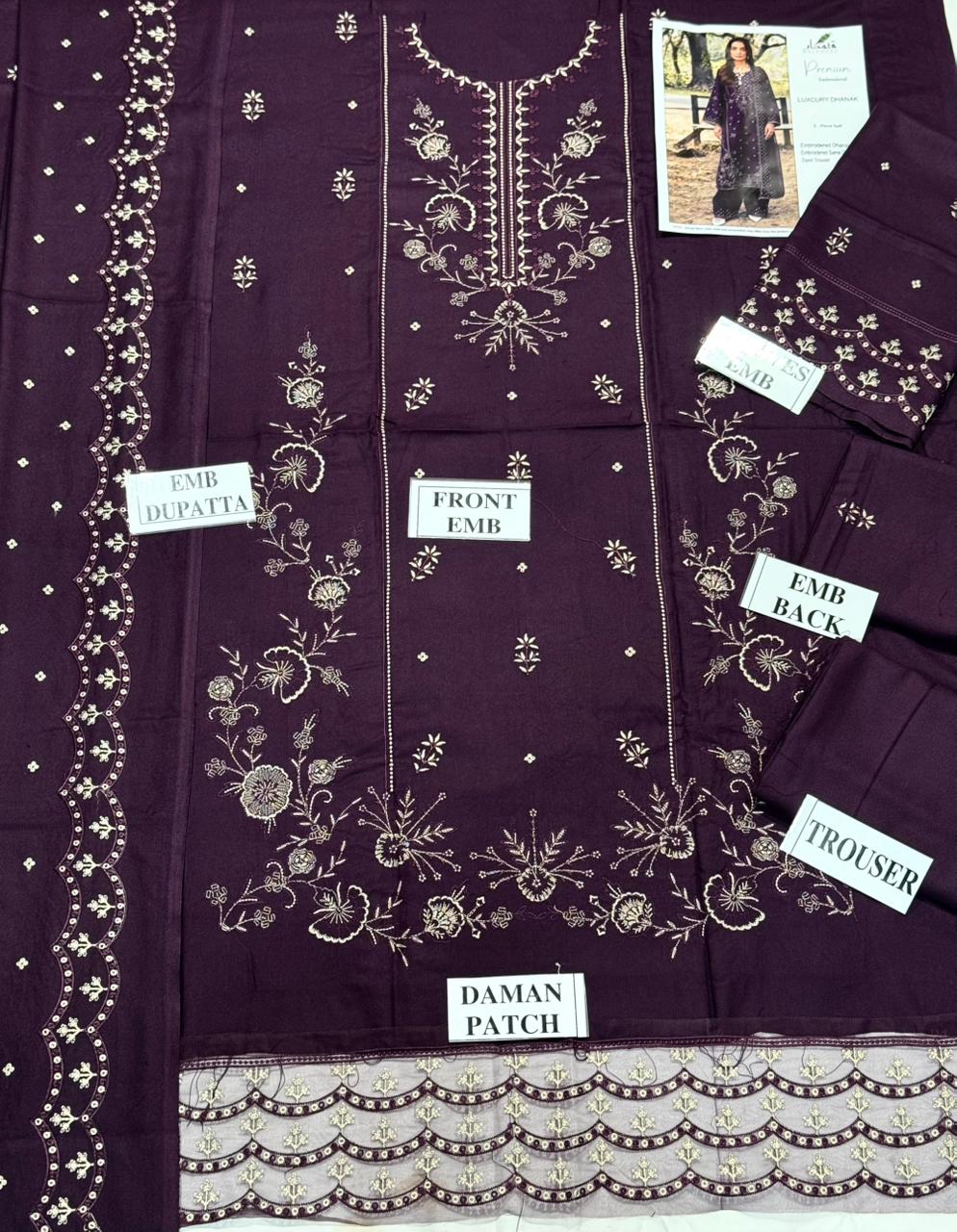 QALAMKAR-3PC DHANAK EMBROIDERED SHIRT WITH DHANAK EMBROIDERED SHAWL AND TROUSER