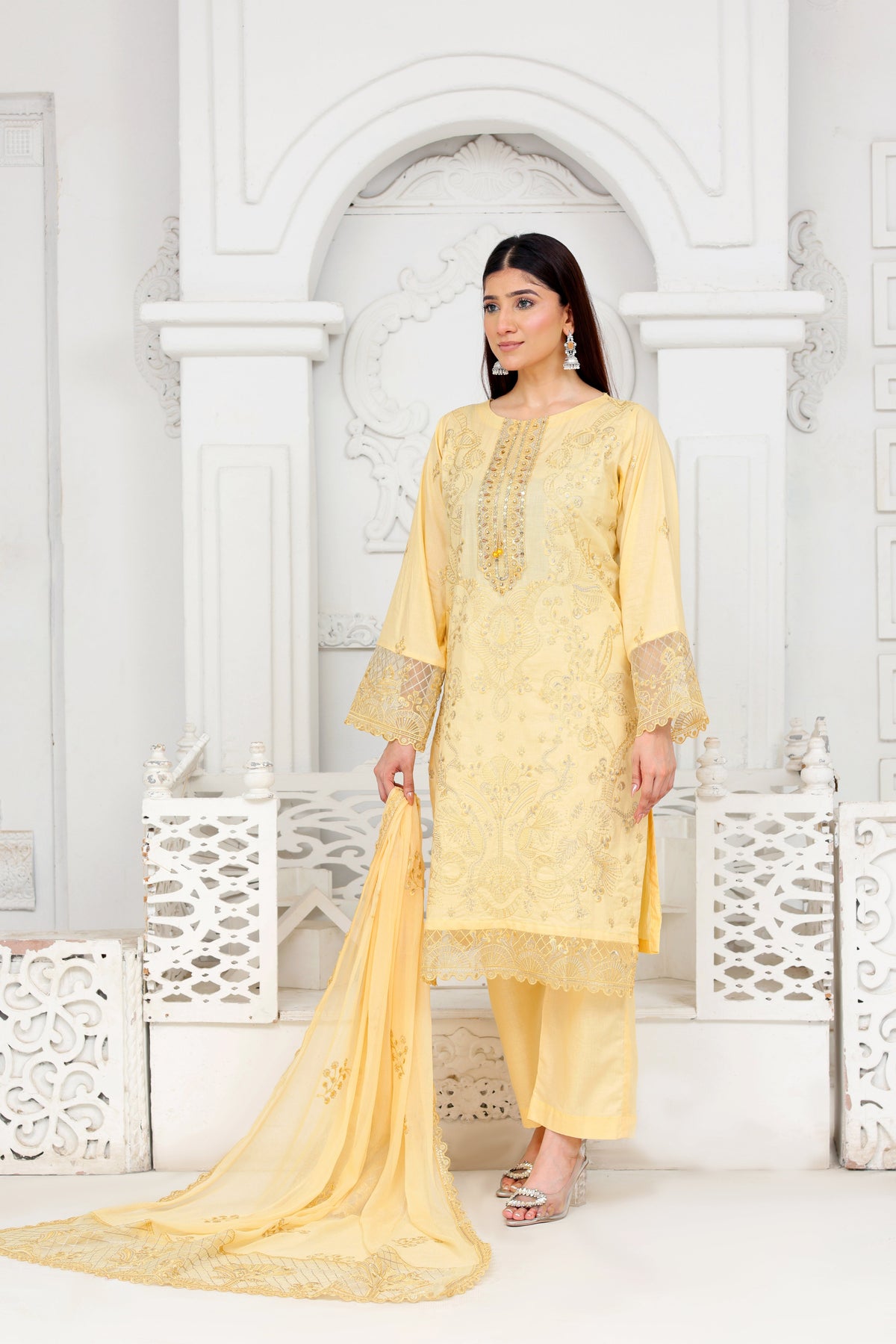 IB903 - Elegant Light Yellow Embroidered 3-Piece Stitched Suit
