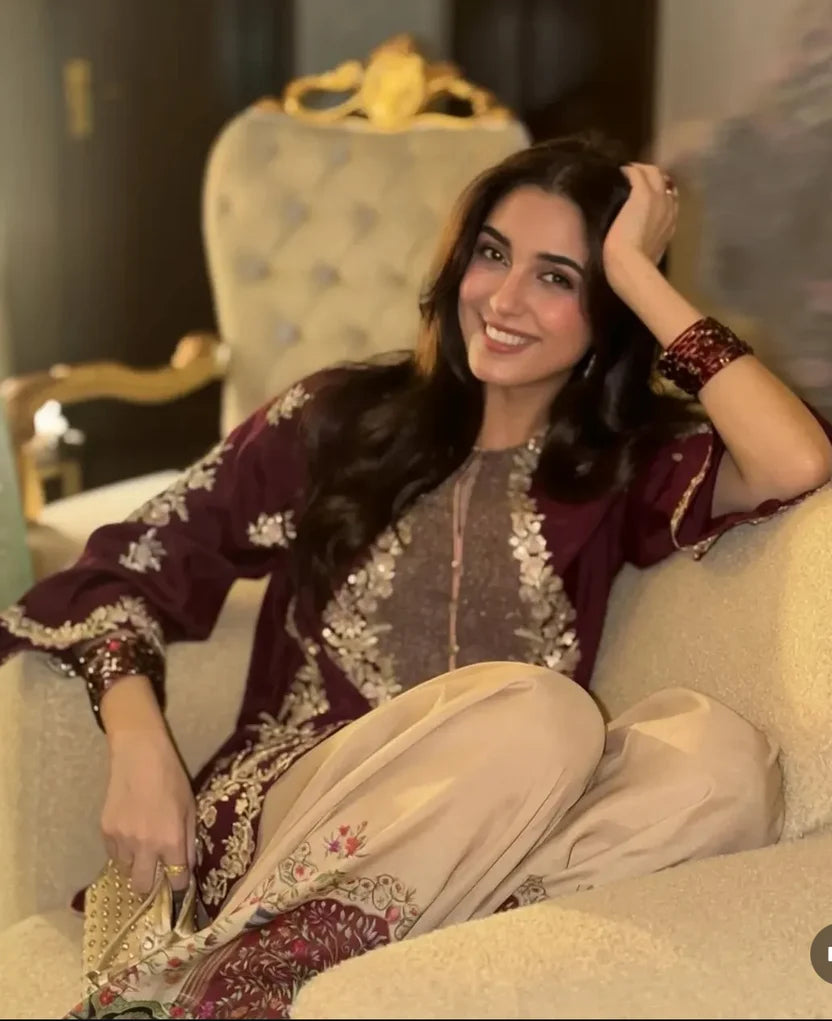 Maya Ali Ethnic Mehroon Skin Silk 2PC