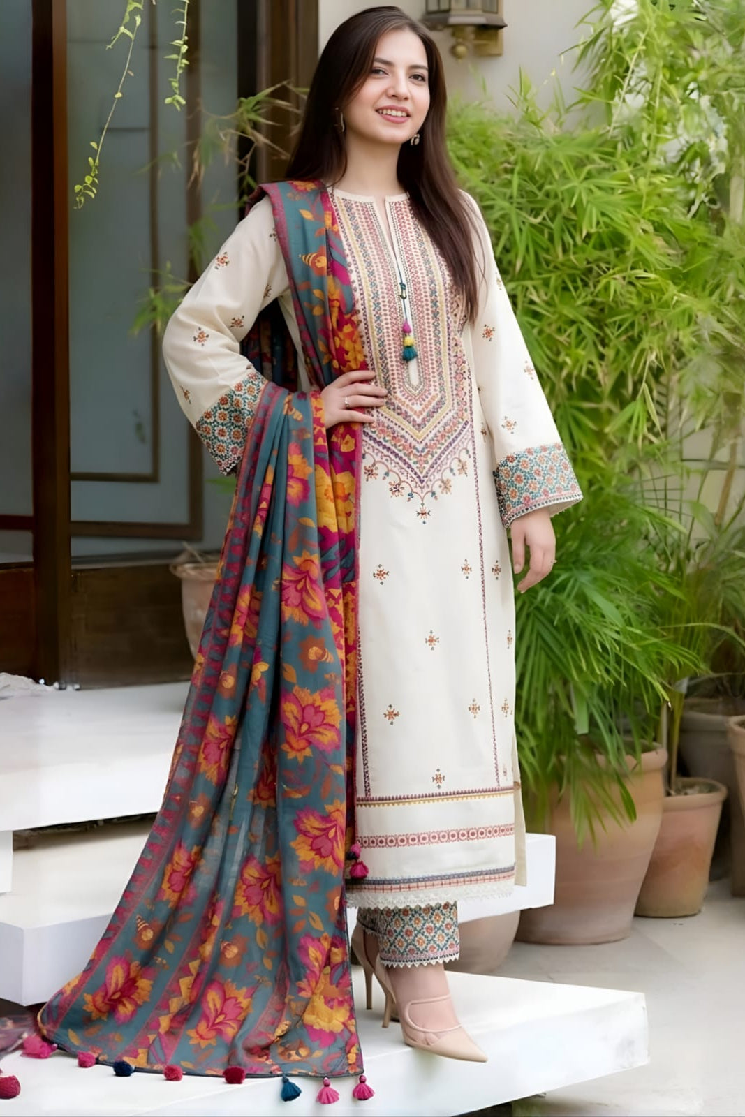SR-SP2575 Unstitched Fully Embroidered Lawn Suit With Digital Printed Monar Dupatta