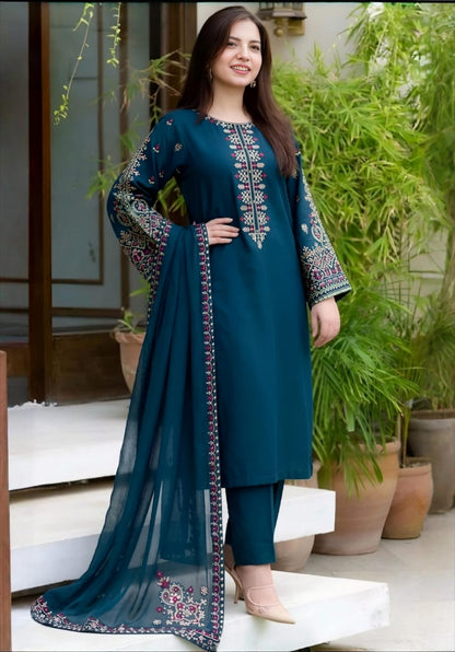 SR-585 Unstitched Embroidered Lawn Suit 3pc With Bamber Chiffon Embroidered Dupatta
