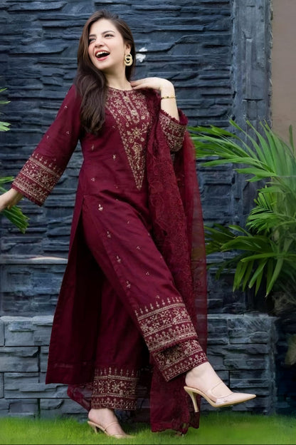 SR-2685 Lawn Unstitched Embroidered 3pc Suit With Organza Embroidered Cutwork Dupatta