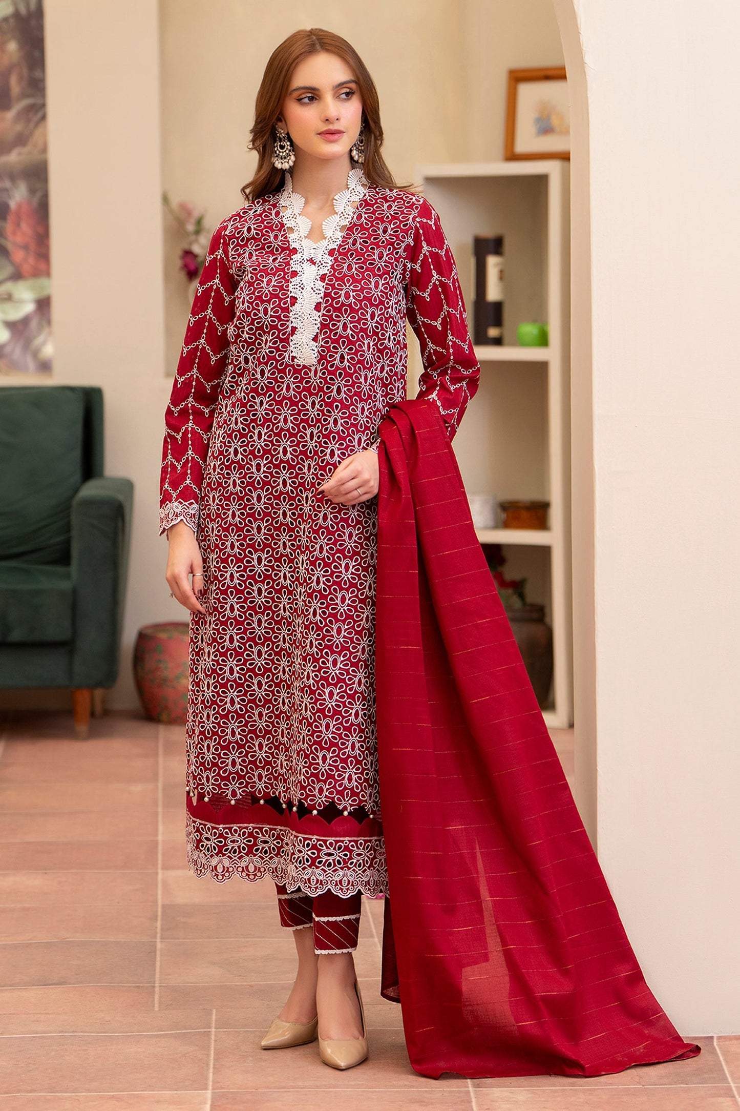 MIRAKHI-3PC LAWN CHIKENKARI EMBROIDERED SHIRT WITH LAWN TUBE SLUB DUPATTA-BIC-2835