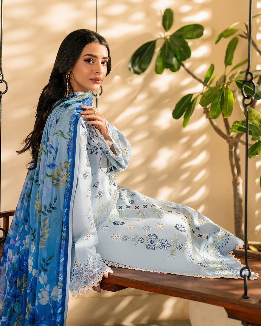 QALAMQAR-3PC LAWN EMBROIDERED SHIRT WITH CHIFFON PRINTED DUPATTA AND EMB TROUSER-BIC-4717