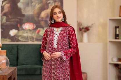 MIRAKHI-3PC LAWN CHIKENKARI EMBROIDERED SHIRT WITH LAWN TUBE SLUB DUPATTA-BIC-2835