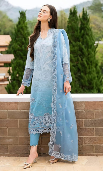 Lawn Embroidered 3pc Suit With Organza Embroidered Dupatta