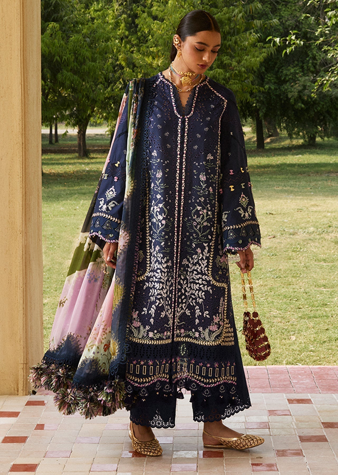 SUFFUSE-3PC LAWN CHIKAN EMBROIDERED SHIRT WITH CHIFFON PRINTED DUPATTA AND TROUSER-BIC-4731