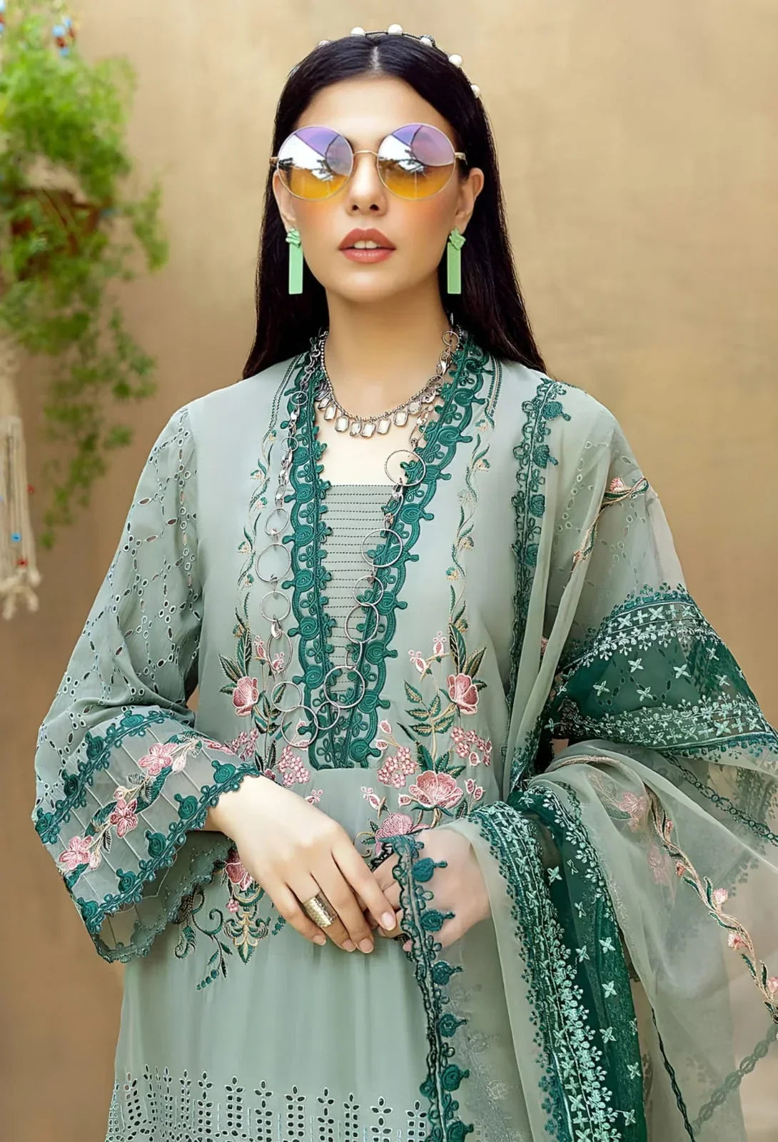 SR-LM16 Lawn Unstitched Embroidered 3pc Suit With Organza Embroidered Dupatta