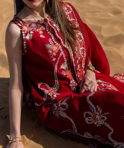 CRIMSON-3PC LAWN CHIKAANKARI EMBROIDERED SHIRT WITH CHIFOON PRINTED DUPATTA AND EMB TROUSER-BIC-4623