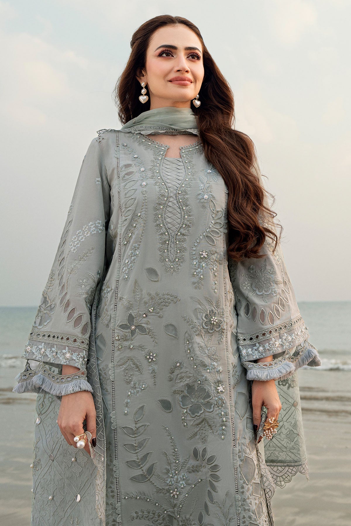 NUREH-3PC LAWN LASER WORK EMBROIDERED SHIRT WITH KHADDI NET EMBROIDERED DUPATTA & TROUSER-BIC-4746