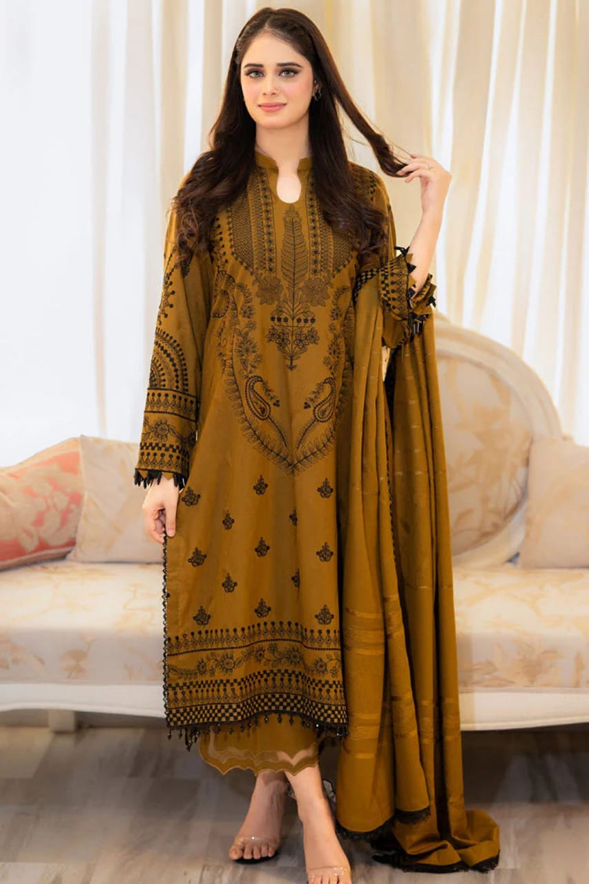 SR-MB100 Unstitched Fully Embroidered Dhanak Suit With Embroidered Dhanak Shawl