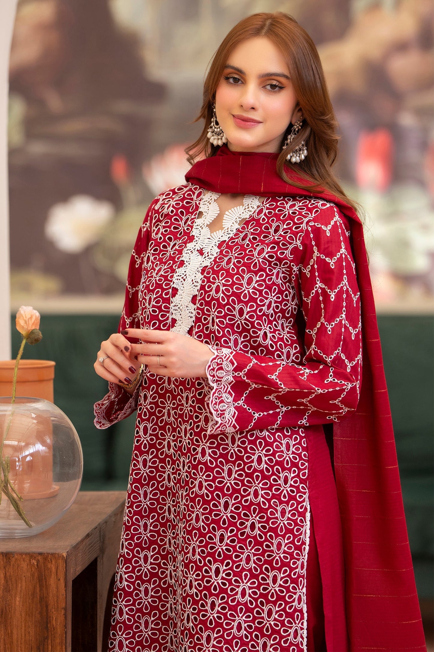 MIRAKHI-3PC LAWN CHIKENKARI EMBROIDERED SHIRT WITH LAWN TUBE SLUB DUPATTA-BIC-2835