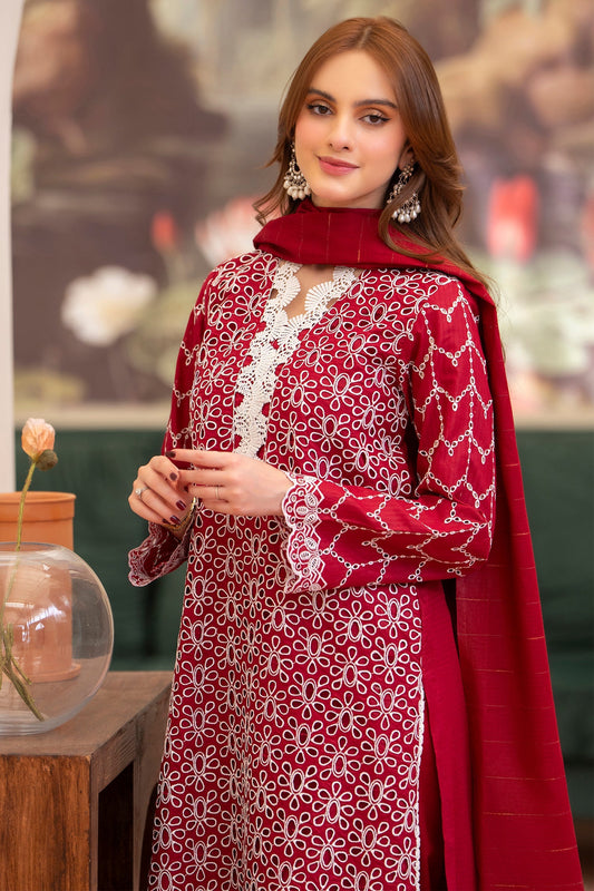MIRAKHI-3PC LAWN CHIKENKARI EMBROIDERED SHIRT WITH LAWN TUBE SLUB DUPATTA-BIC-2835