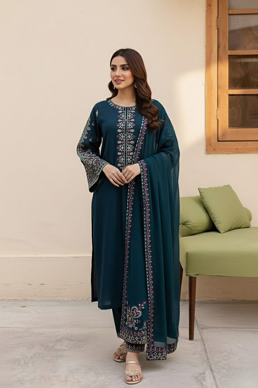 SR-LM585 Unstitched Embroidered Dhanak Suit 3pc With Embroidered Dhanak Shawl