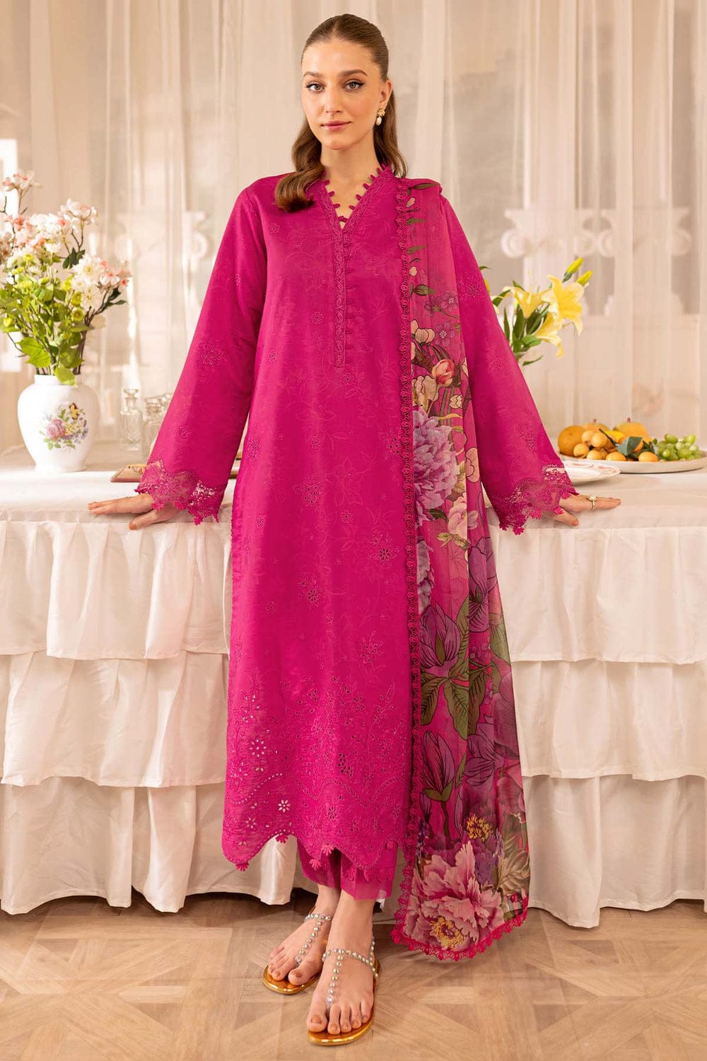 SR-FR2725 Lawn Unstitched Embroidered 3pc Suit With Digital Printed Cotton Lawn Dupatta