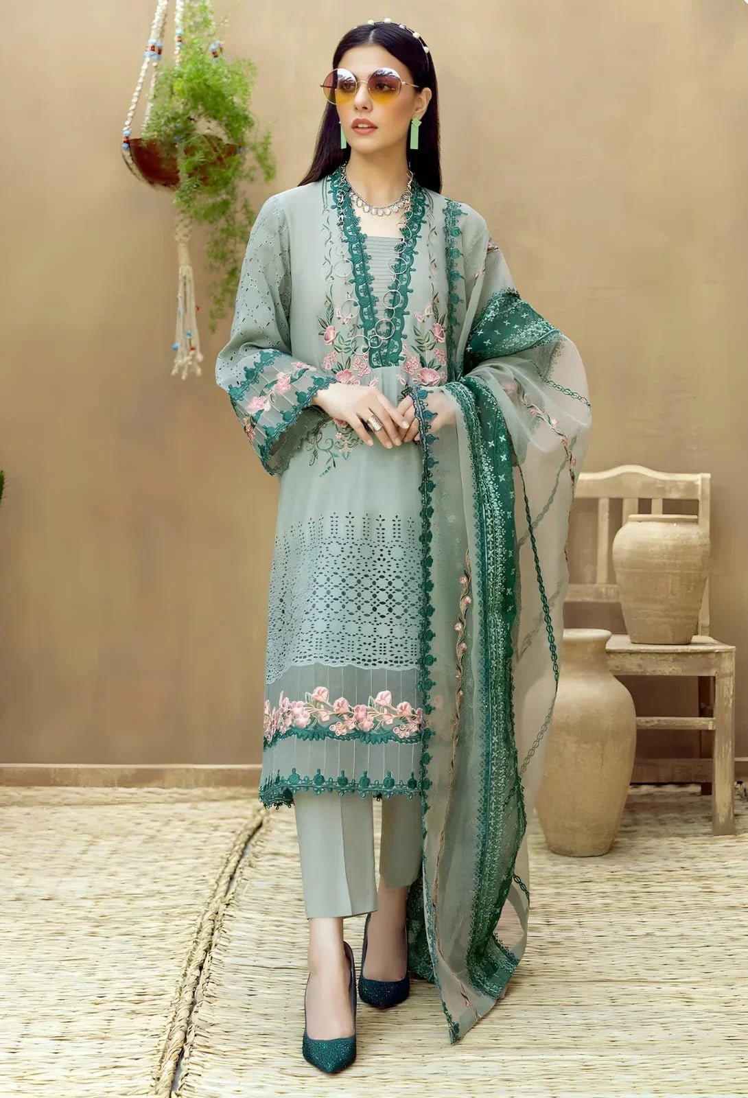 SR-LM16 Lawn Unstitched Embroidered 3pc Suit With Organza Embroidered Dupatta