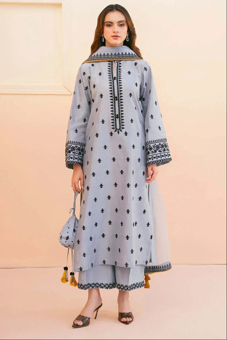 SR-AS2775 Unstitched Embroidered Lawn 3pc Suit With Organza Embroidered Dupatta