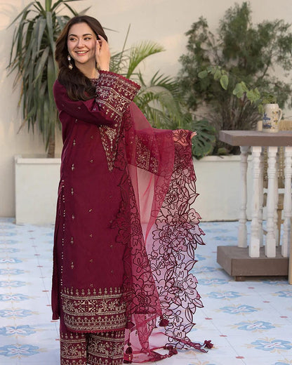 SR-2685 Lawn Unstitched Embroidered 3pc Suit With Organza Embroidered Cutwork Dupatta
