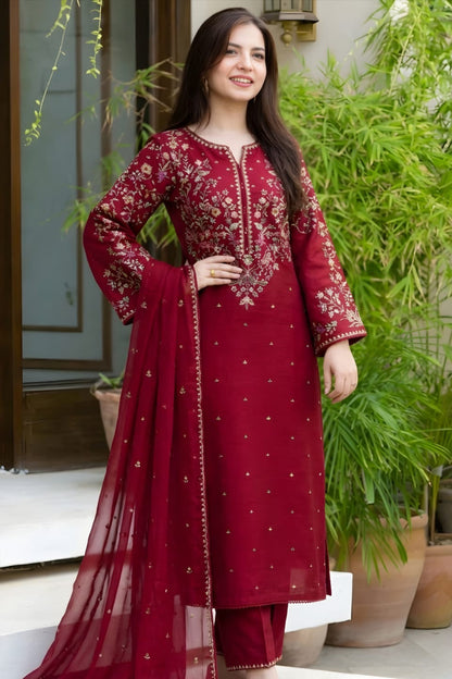 SR-BT2700 Unstitched Fully Embroidered Lawn Suit With Embroidered Bamber Chiffon Dupatta