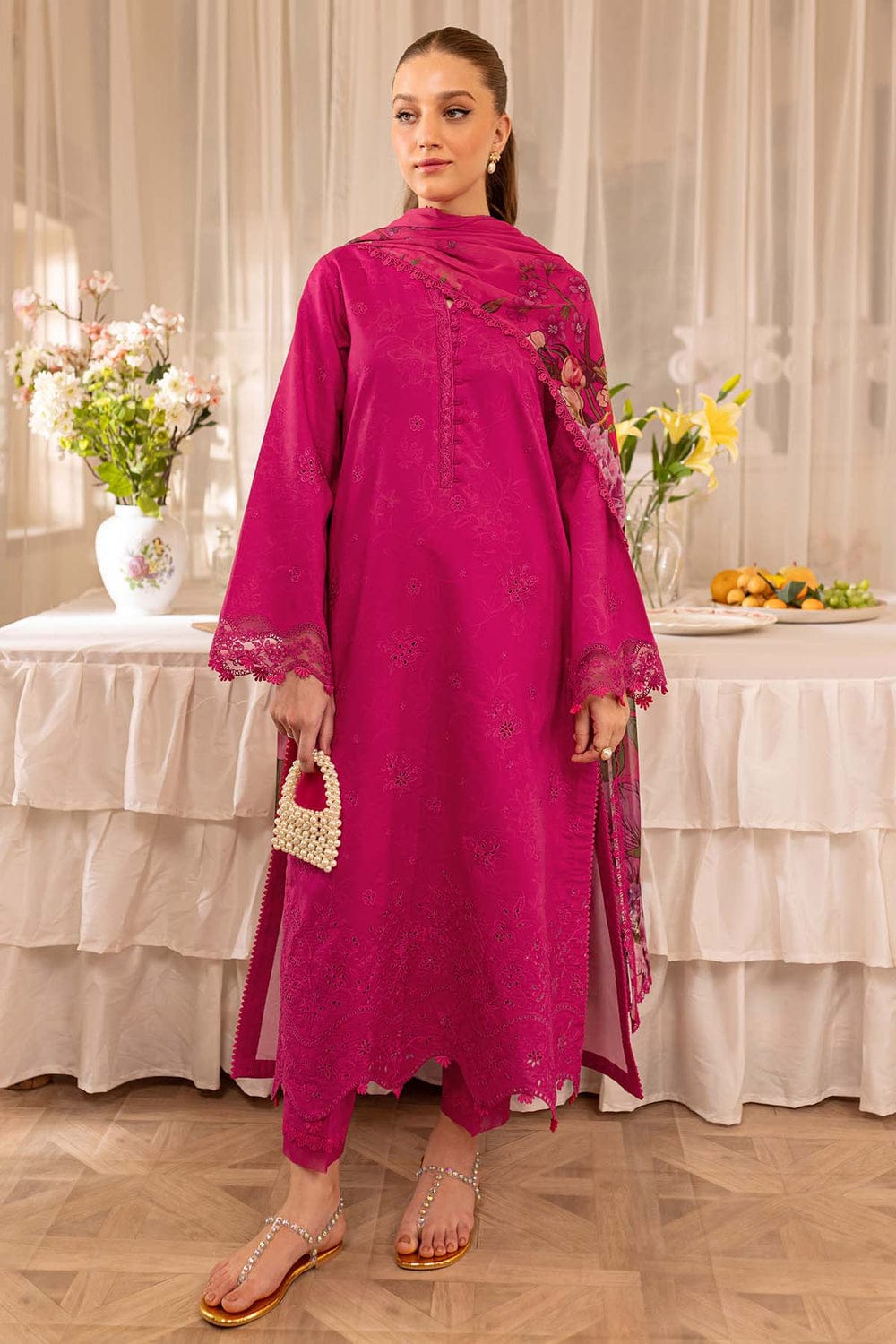 SR-FR2725 Lawn Unstitched Embroidered 3pc Suit With Digital Printed Cotton Lawn Dupatta