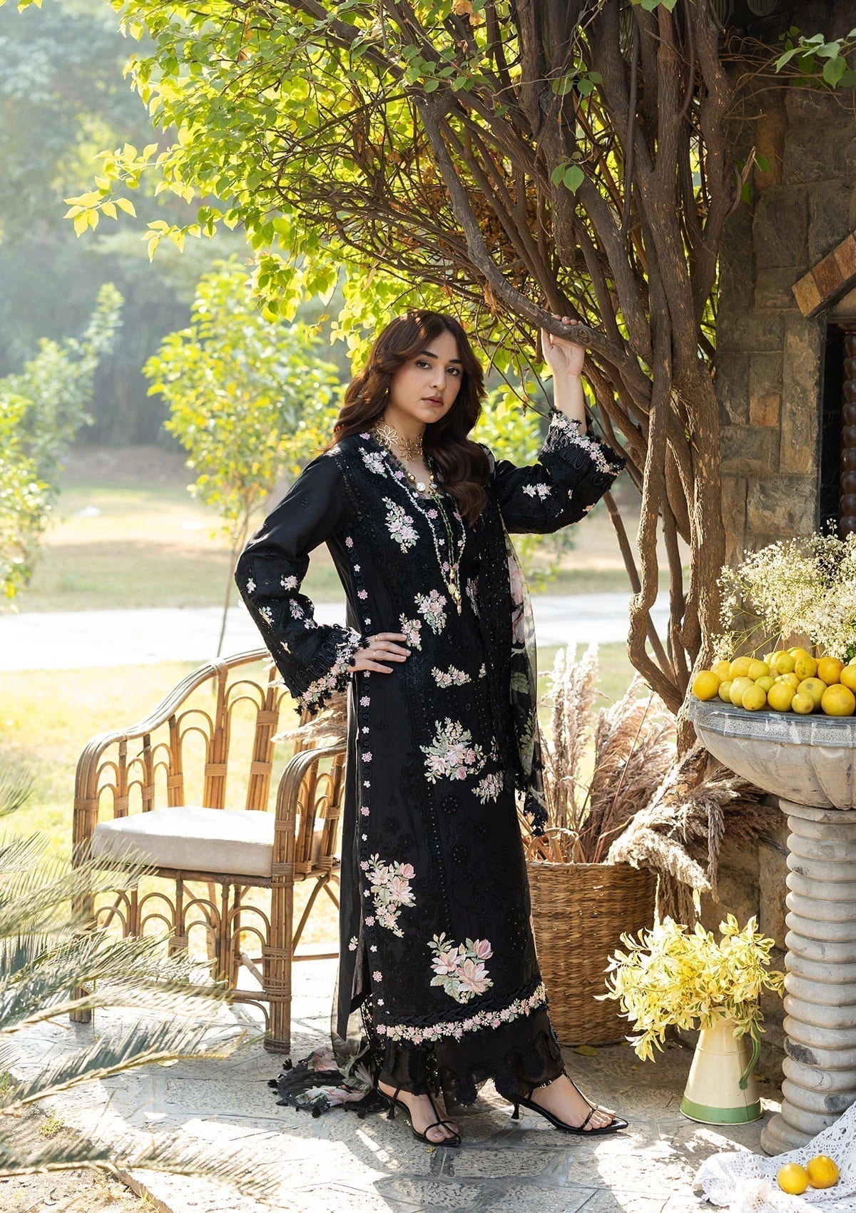 ELAF-3PC LAWN CHIKAN EMBROIDERED SHIRT WITH CHIFFON PRINTED EMB DUPATTA AND TROUSER-BIC-4811