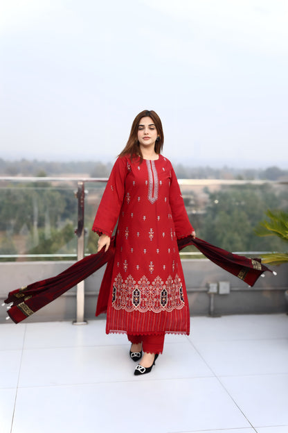 BRANDSINN-3PC KHADDAR CUTWORK EMBROIDERED SHIRT WITH KASHMIRI JACQUARD WOOL SHAWL-BIC-1552