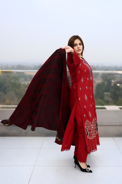 BRANDSINN-3PC KHADDAR CUTWORK EMBROIDERED SHIRT WITH KASHMIRI JACQUARD WOOL SHAWL-BIC-1552