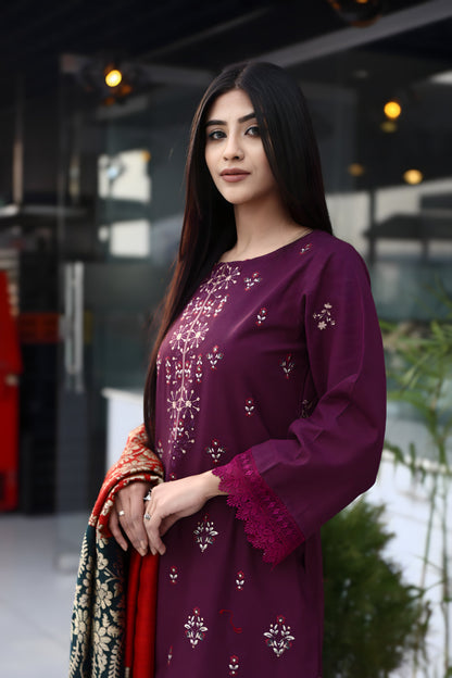 BRANDSINN-3PC KHADDAR CUTWORK EMBROIDERED SHIRT WITH KASHMIRI JACQUARD WOOL SHAWL-BIC-1550