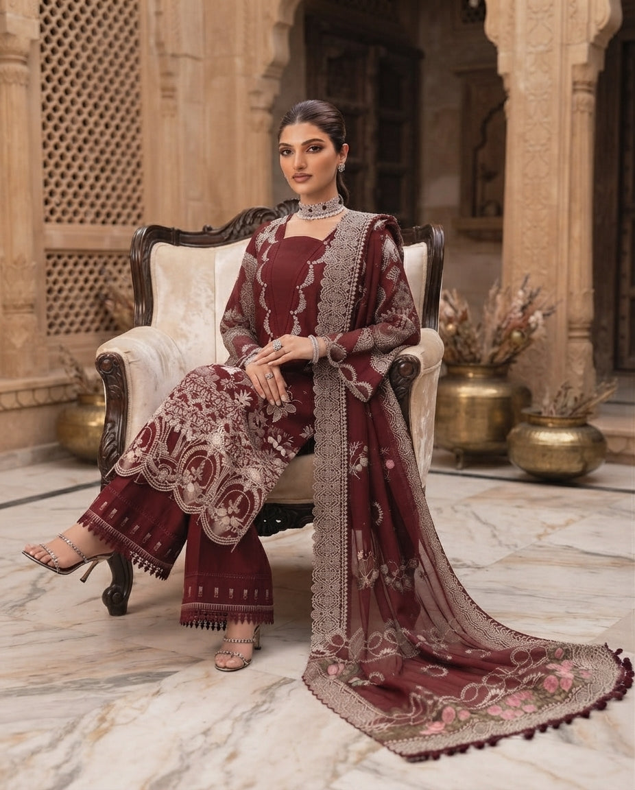 Dhanak Unstitched Embroidered 3pc Suit With Embroidered Dhanak Dupatta | LL-1004