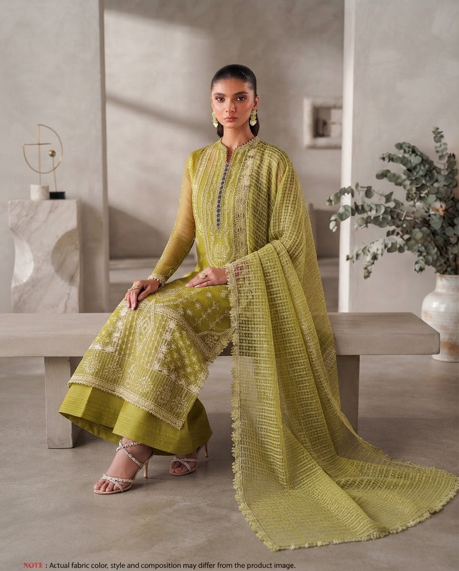 Dhanak Unstitched Embroidered 3pc Suit With Embroidered Dhanak Dupatta | LL-1005