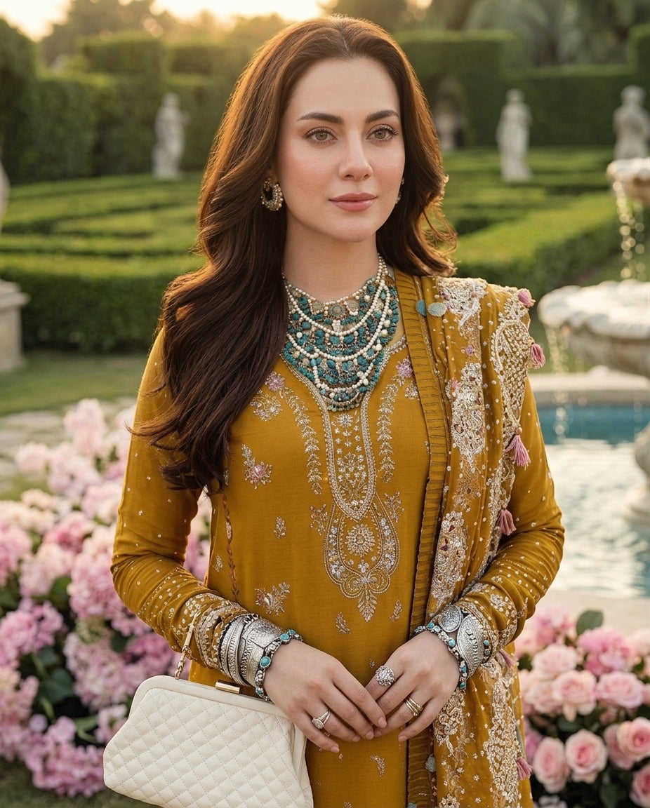 Dhanak Unstitched Embroidered 3pc Suit With Embroidered Dhanak Dupatta | LL-1008