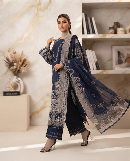 Dhanak Unstitched Embroidered 3pc Suit With Embroidered Dhanak Dupatta | LL-1006