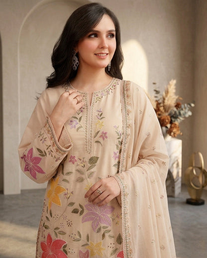 Dhanak Unstitched Embroidered 3pc Suit With Embroidered Dhanak Dupatta | LL-1007