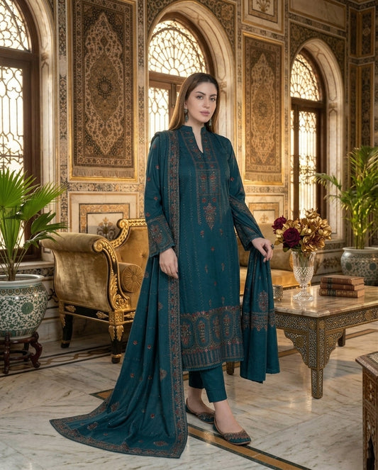 Premium Fully Embroidered 3-Piece Dhanak Suit with Shawl