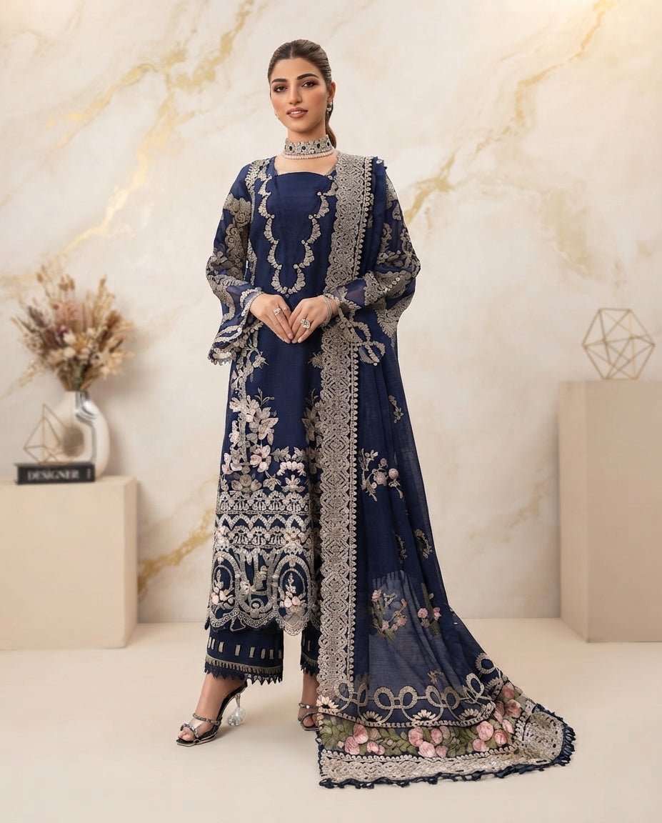 Dhanak Unstitched Embroidered 3pc Suit With Embroidered Dhanak Dupatta | LL-1006