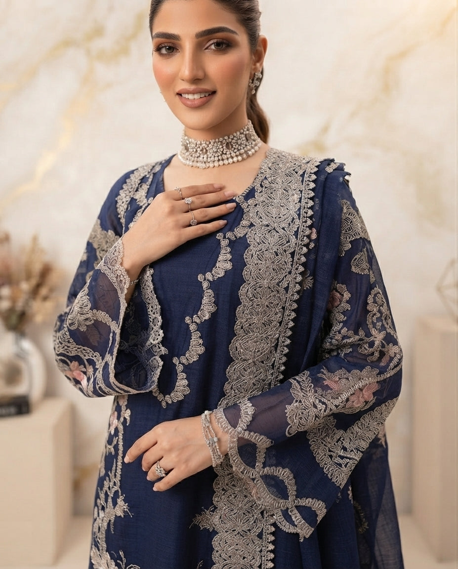 Dhanak Unstitched Embroidered 3pc Suit With Embroidered Dhanak Dupatta | LL-1006