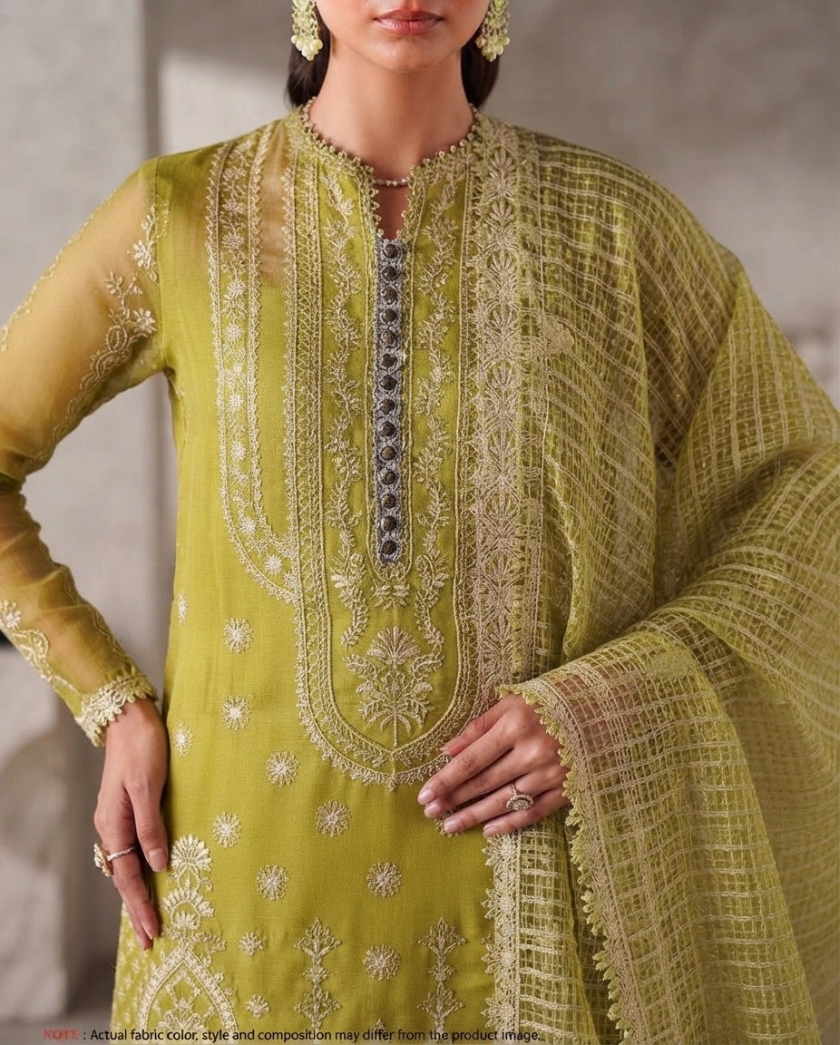 Dhanak Unstitched Embroidered 3pc Suit With Embroidered Dhanak Dupatta | LL-1005