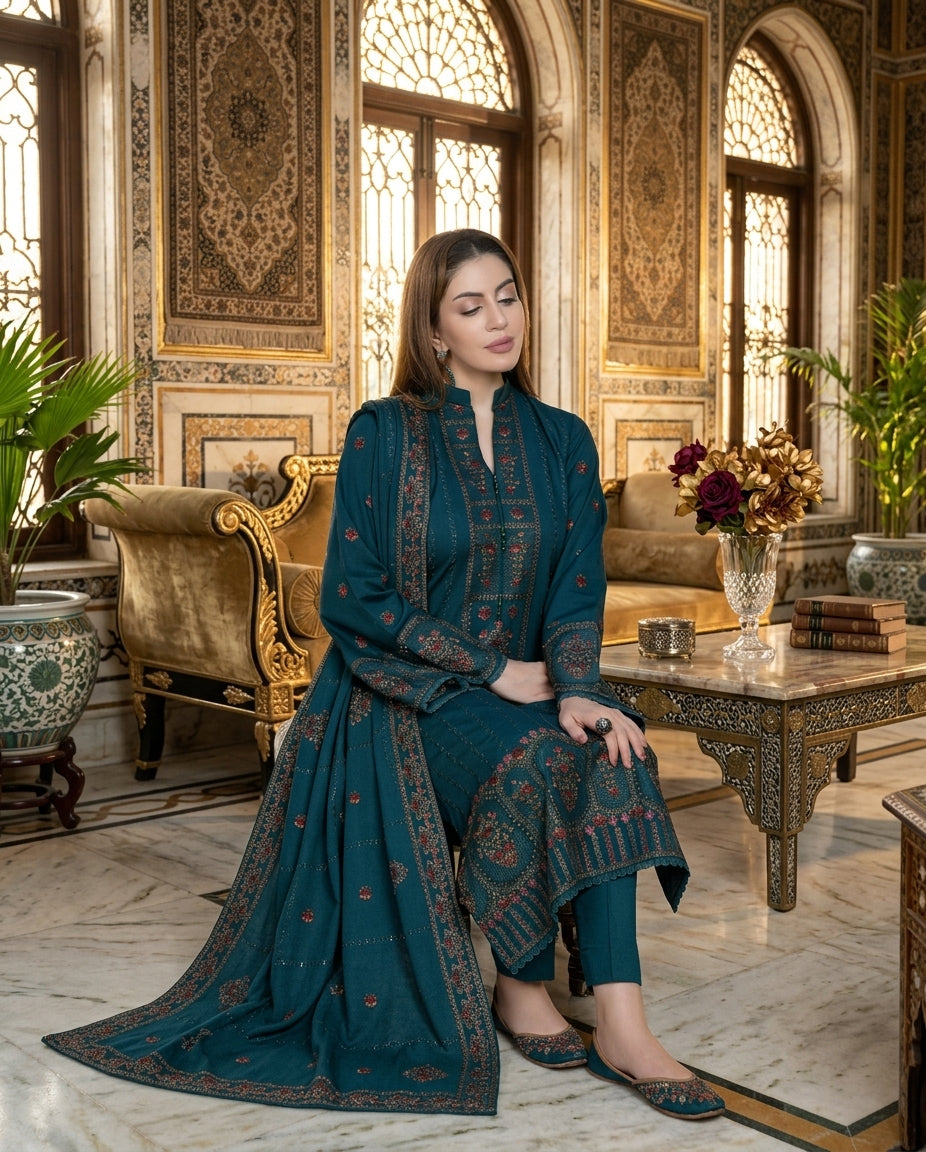 Premium Fully Embroidered 3-Piece Dhanak Suit with Shawl
