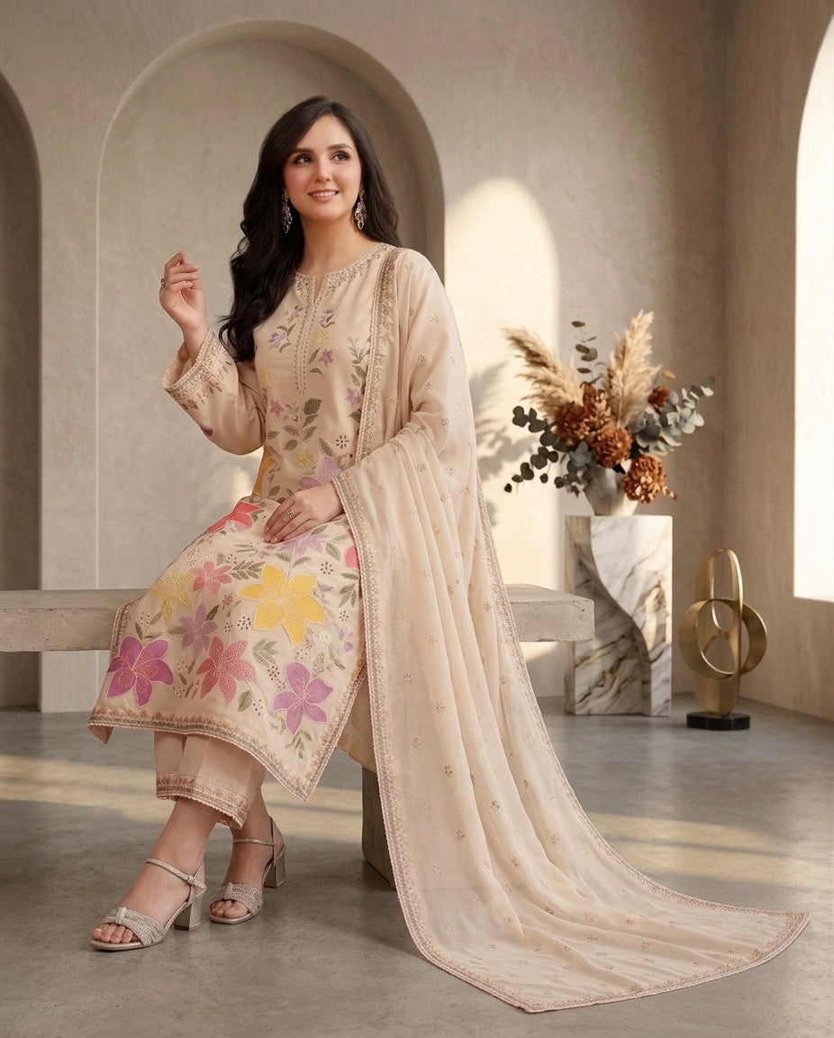 Dhanak Unstitched Embroidered 3pc Suit With Embroidered Dhanak Dupatta | LL-1007