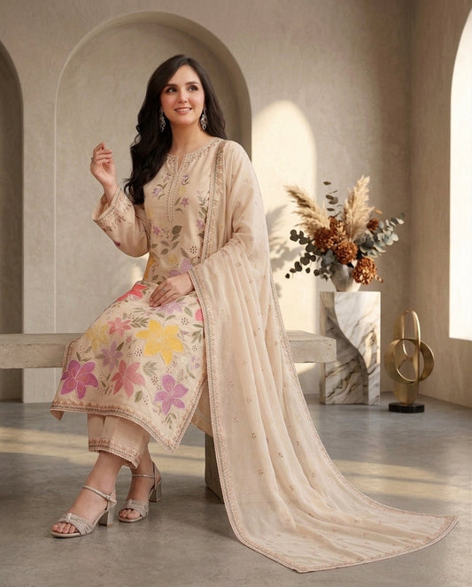 Dhanak Unstitched Embroidered 3pc Suit With Embroidered Dhanak Dupatta | LL-1007
