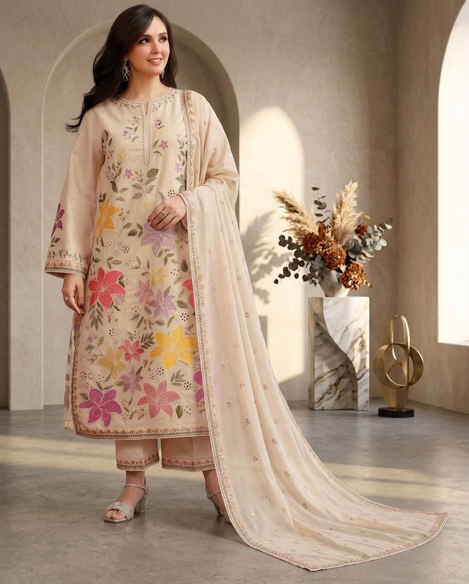 Dhanak Unstitched Embroidered 3pc Suit With Embroidered Dhanak Dupatta | LL-1007