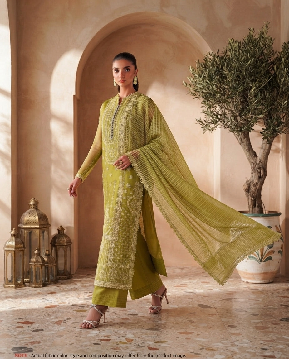 Dhanak Unstitched Embroidered 3pc Suit With Embroidered Dhanak Dupatta | LL-1005